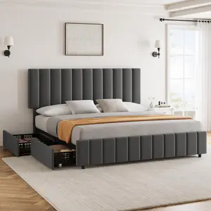 Bed Frame with 4 Storage Drawers, Linen Upholstered Platform Bed Frame, Adjustable Height Headboard, No Box Spring Needed, Easy to Assembly