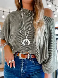 Women's Striped Print Scoop Neck Batwing Sleeve Oversize Blouse, Casual Half Sleeve Top for All Seasons, Women's Clothing for Daily Wear