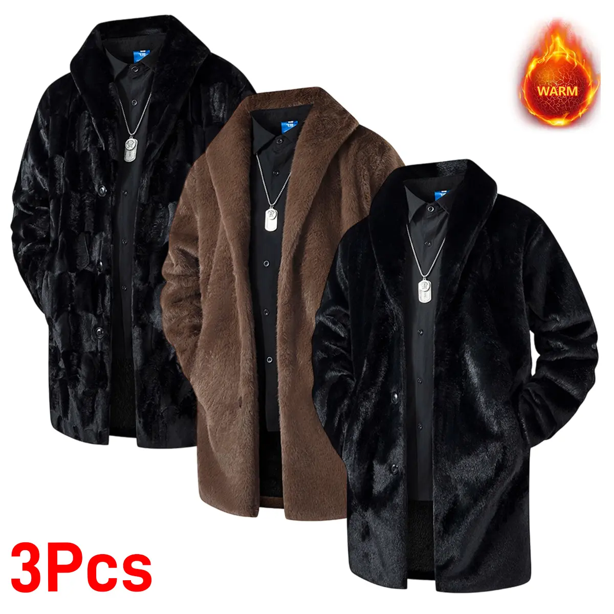 Men's 3-Pcs Autumn Winter Knitting Long Soft Jacket - Retro Elegant High-End Solid Color Plaid Furry Long Coat, Large Lapel Snap Closure, Multi-Function Warm Fleece, Cold Weather Wear for Commuting, Office (Do Not Bleach), Retro Casual
