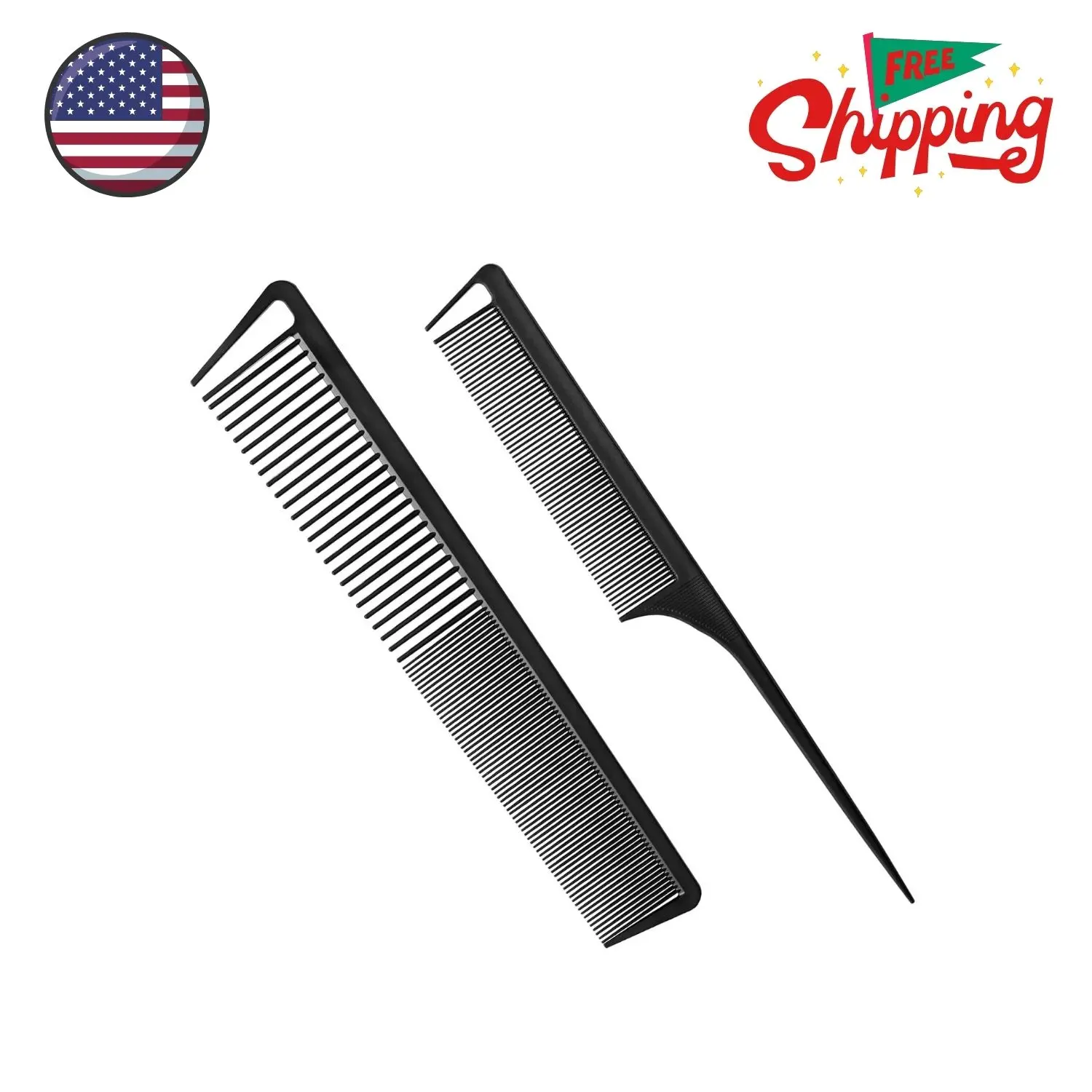 Professional Black Teasing Comb, Fine & Wide Tooth + Rat-Tail Hair Styling Comb