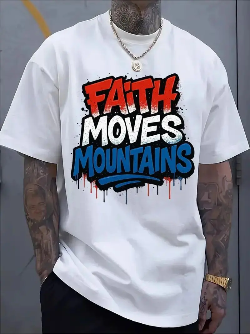 Men's oversized T-shirt with "Faith Moves Mountains" pattern, smooth splashed ink street top, comfortable short sleeved T-shirt, T-shirt, soft, round neck, printed