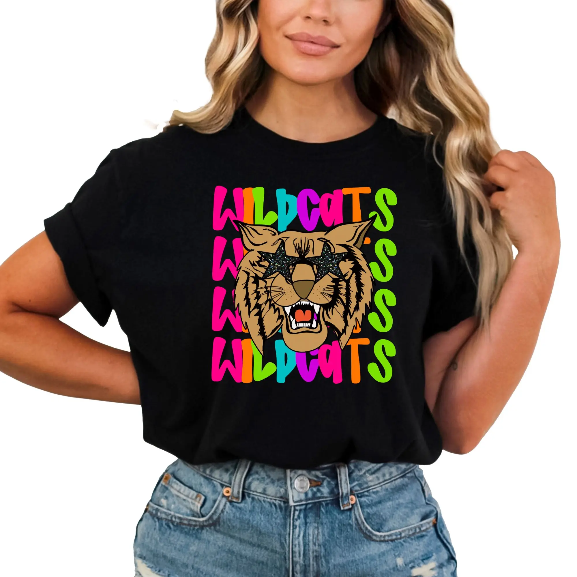 Wildcats Sport Shirt for Women and Teens - Colorful Neon Girly Wildcats Oversized Tee - Wildcats Mascot T-Shirt for Student or Teacher