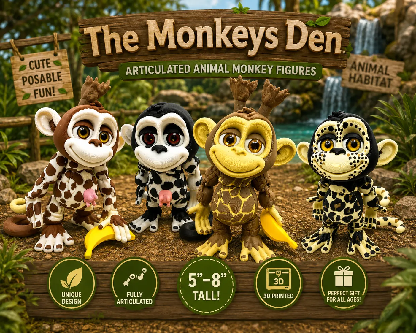 HixTown Monkey's Den Animal Monkey collection 5", 9",  articulating multicolor