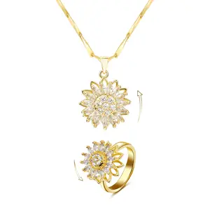 14K Gold Plated Rotating Pendant Necklace & Ring Set for Women, Adjustable Sunflower Fidget for Anxiety, Rhinestone Decor Necklace for Party, Daily Clothing Decor