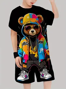 Boys' Cool Hip-Hop Bear Print Set, Casual Set, Colorful Graffiti Style, Unique Streetwear, Fitted for Outdoor Wear, All Seasons