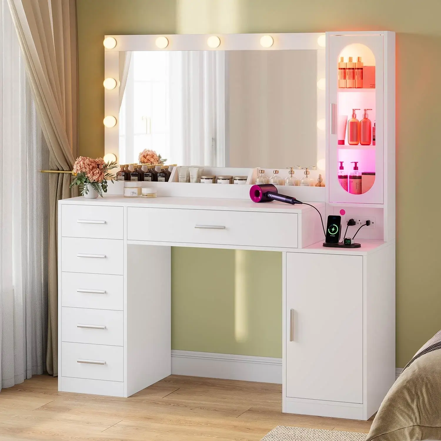 SIKAIC White Makeup Vanity Desk with 31.5-in Vanity Lights, Built-in Mirror, Storage Drawers, Charging Station for Bedroom, Built-In Mirror Makeup Vanities
