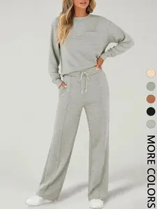 2026 New Model 2-Piece Women's Casual Long Sleeve Pocket Sportswear Set, Stylish Comfortable Wide Leg Athletic Tracksuit for All Seasons, Daily Wear, Gym Wear, Chic, Year Round, Ensemble, Activewear, Outdoor