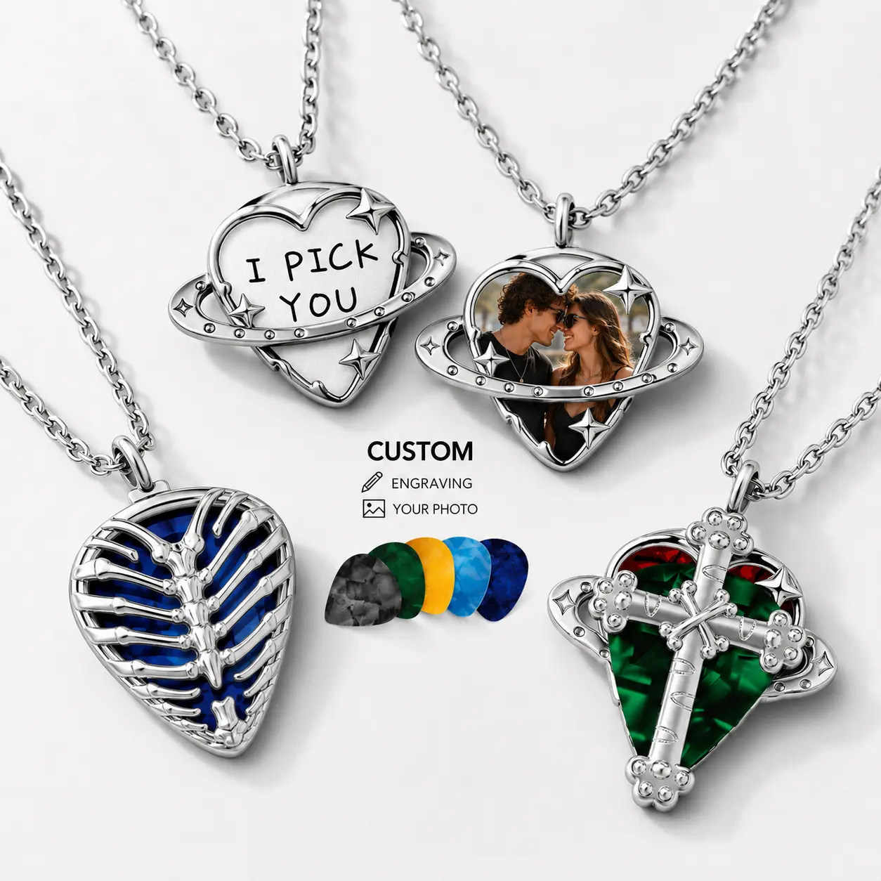 Unisex Customizable Guitar Pick Shape Stainless Steel Necklace, Personalized Photo Engraving Name Pendant, Birthday Gift Ideas for Men Women, Jewelry Accessory for Music Lovers