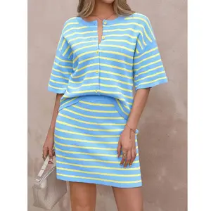 Imily Bela Womens Two Piece Skirt Set Summer Striped Knit Short Sleeve Button Cardigans And Mini Skirt Lounge Set