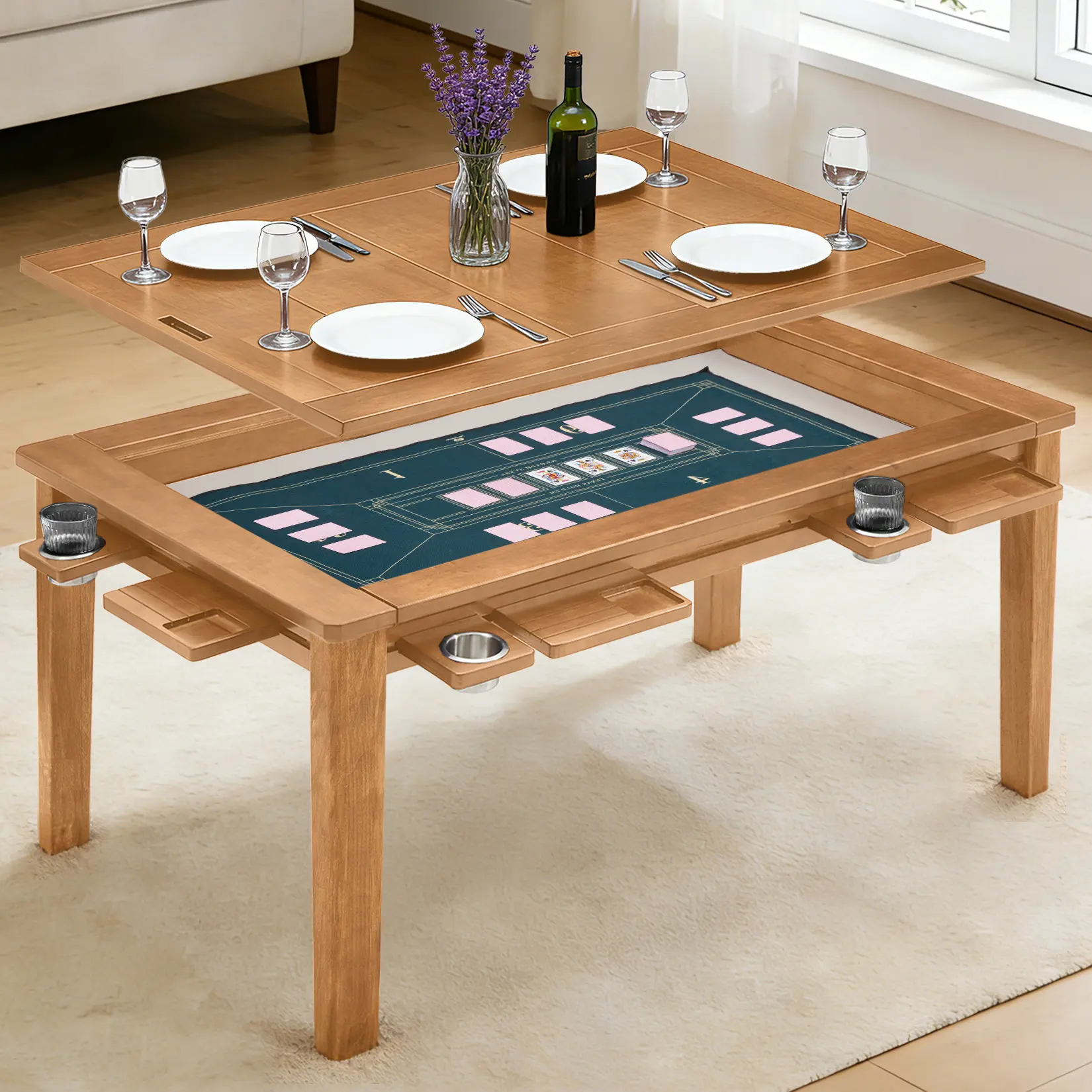 AHB Solid Wood Board Game Table with Removable Top,Convertible Gaming & Dining Table with Hidden Storage,4–6 Player Game Table for Family & Game Night with Game Mat, 6 Cup Holders & Hobby Trays Multifunction
