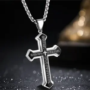 Men's Engraved Bible Verse Cross Pendant - Rust-Proof Steel Religious Charm, Cross Shape, Bible Verse Engraving, Gift-Ready Jewelry for Personal Style | TK Halo Accessories