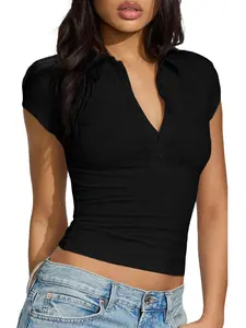 Comfortable Slim Fit V-Neck Button Short Sleeve Polo Shirt, Stylish Plain Design for Everyday Wear, Perfect for Casual Tops