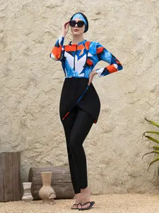 Women's Long Sleeve Plant Pattern Swimwear Set, Conservative Middle Eastern Style Bikini Suit, Summer Beach Vacation Wear