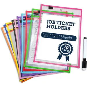 10 Colors Dry Erase Pockets Pack - Reusable Clear Plastic Sleeves Heavy Duty Ticket Holders with 1 Dry Erase Marker Included, Durable Sheet Protectors for Classroom Office & Shop Organization