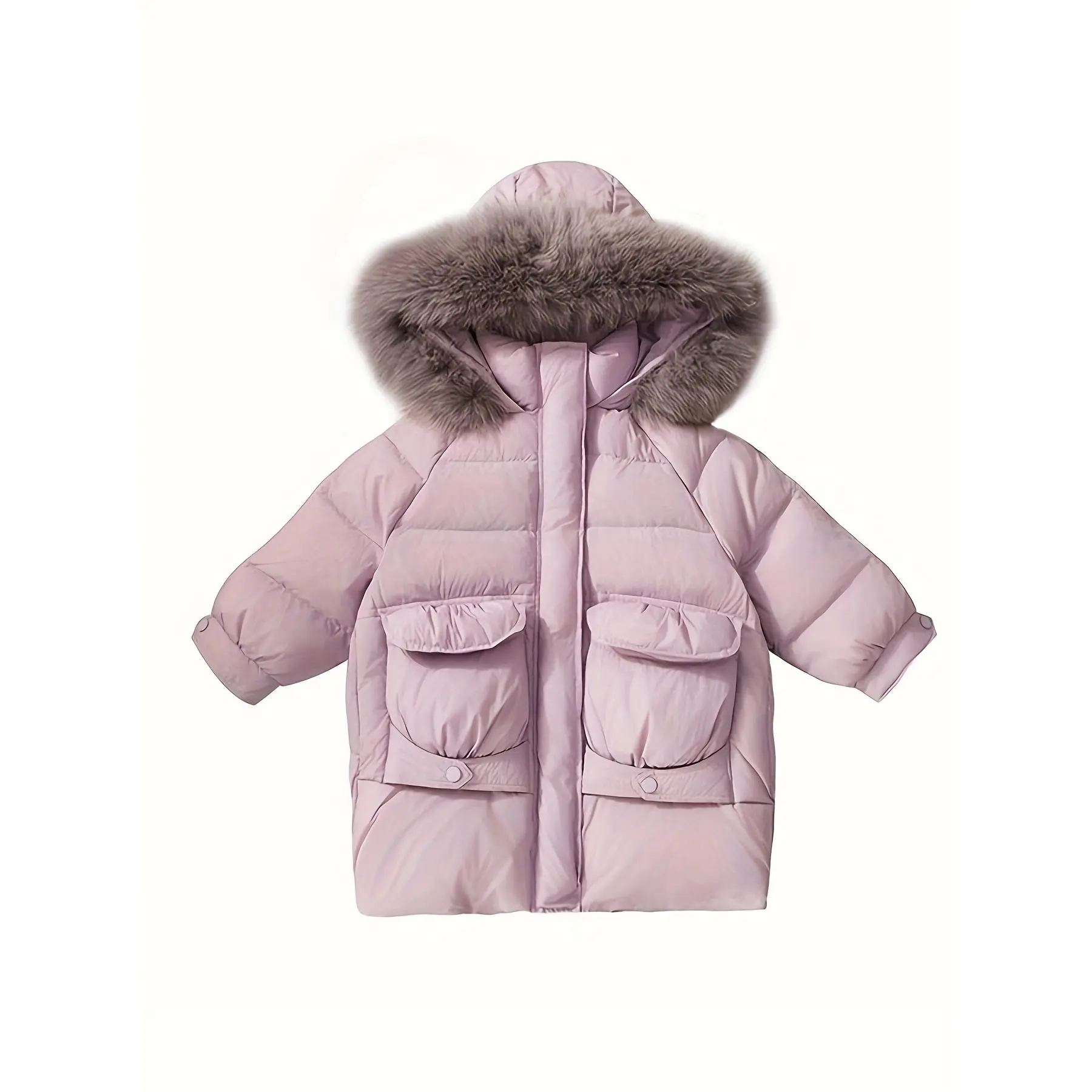 Girls' Plain Hooded Outdoor Jacket, Casual Polyester Winter Coat with Faux Fur Collar, Warm Outerwear for Skiing, Long Sleeve, Kids Style, 5-6Y, Casual Wear, Outdoor Skiing, Outdoor Activities