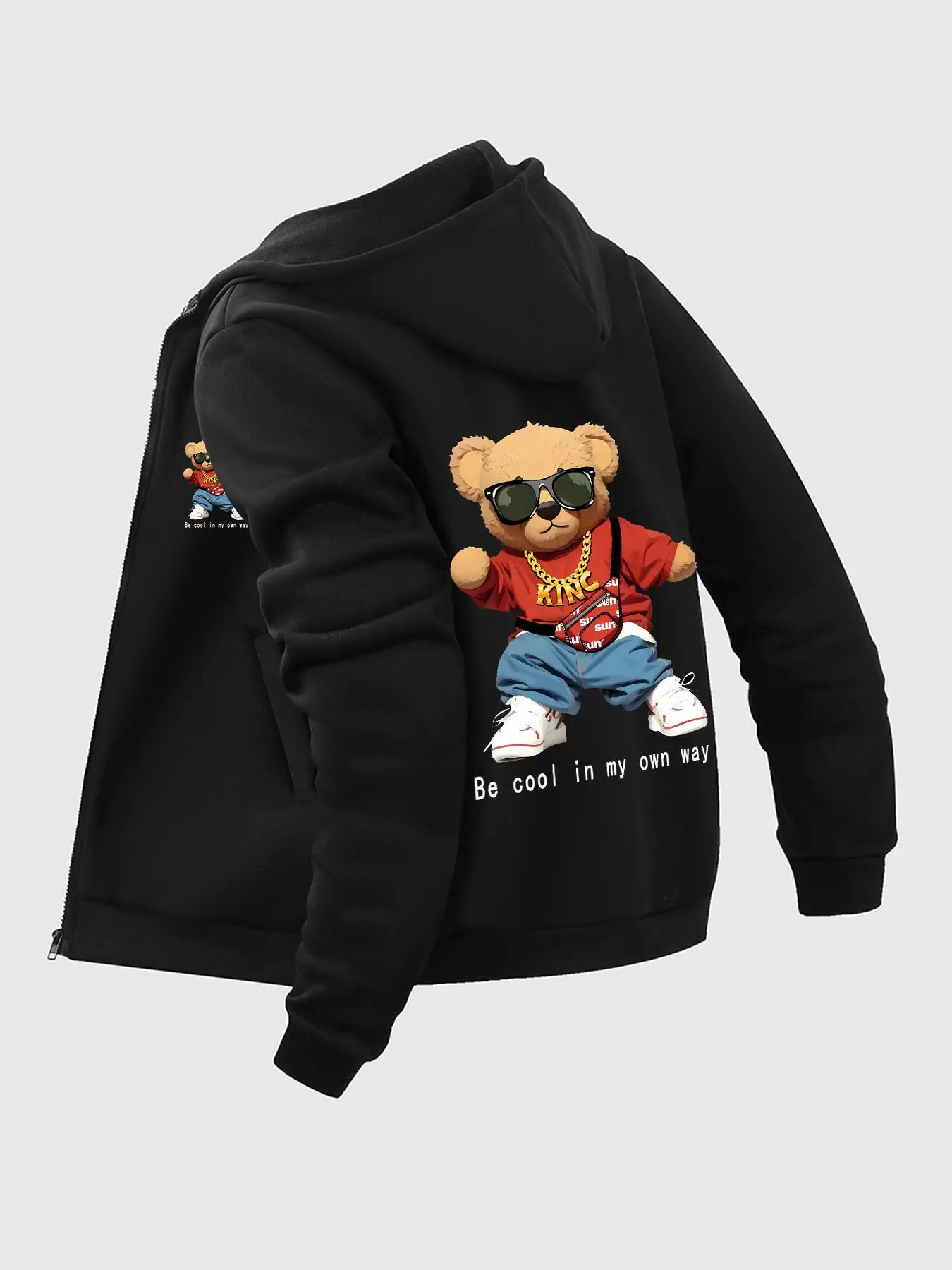 Men's Cartoon Bear Print Drawstring Zip Up Hoodie, Casual Regular Fit Pocket Hooded Sweatshirt for Fall & Winter, Men's Clothes for Daily Wear, Graphic Print Hoodie, Casual Streetwear Hoodie, Graphic Streetwear Clothing