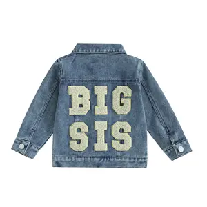 Toddler Baby Girl Sister Matching Outfits Lil Sis Big Sis Denim Jacket Letter Embroidery Long Sleeve Button Jean Cardigan Coat for Infant Baby Spring Fall Outwear