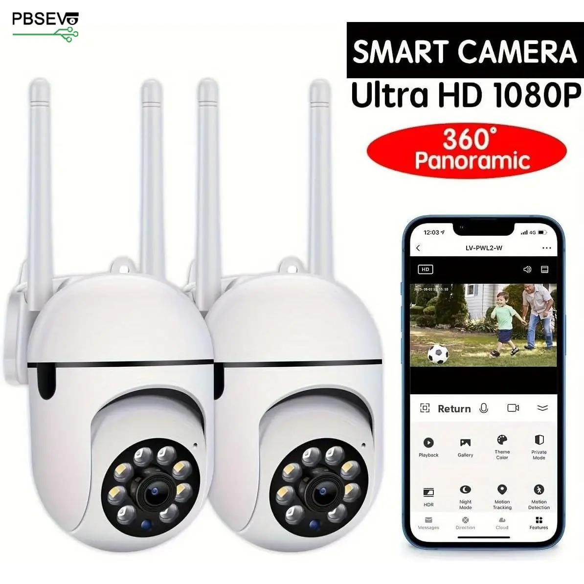 2PCS 1080P Home Security Camera, Panoramic PTZ WiFi Indoor with Human Detection, Color Night Vision, 2-Way Talk, Sound Alert, TF/Cloud Storage PBSEV