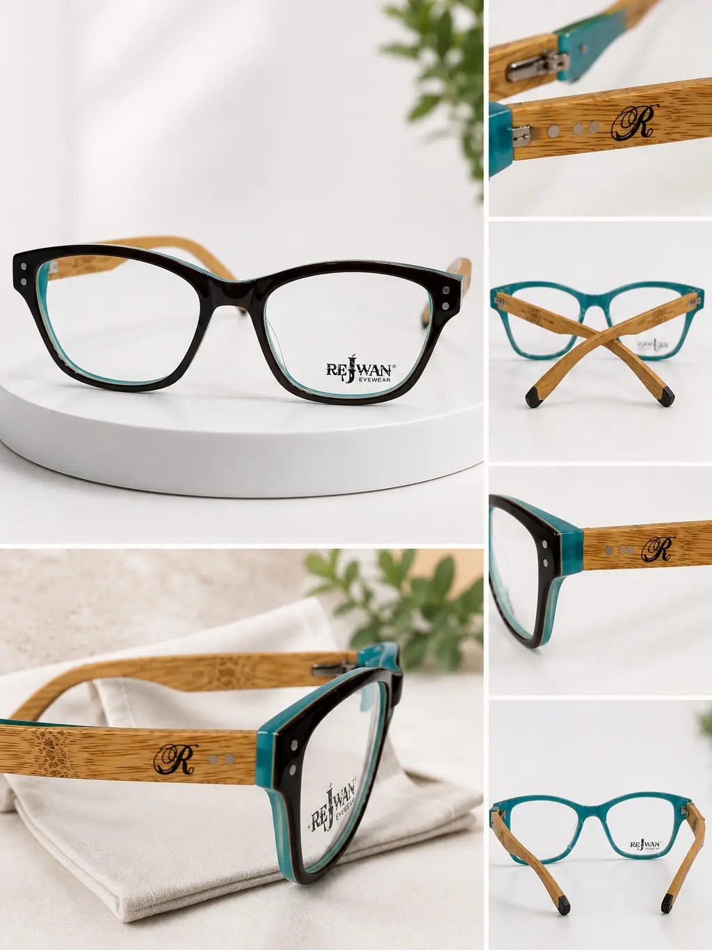 REJWAN Women's Bamboo Eyeglasses Frames, Lightweight Eco-Friendly Designer Optical Frames, Brown & Teal