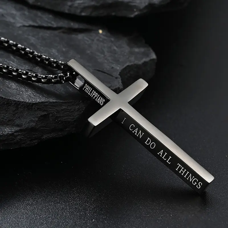 Men's Stainless Steel Christian Cross Pendant Necklace with Engraved Philippians 4:13 Verse, 22-Inch Sturdy Chain - Spiritual Jewelry, Crucifix Necklaces, Father's Day Meaningful Gift