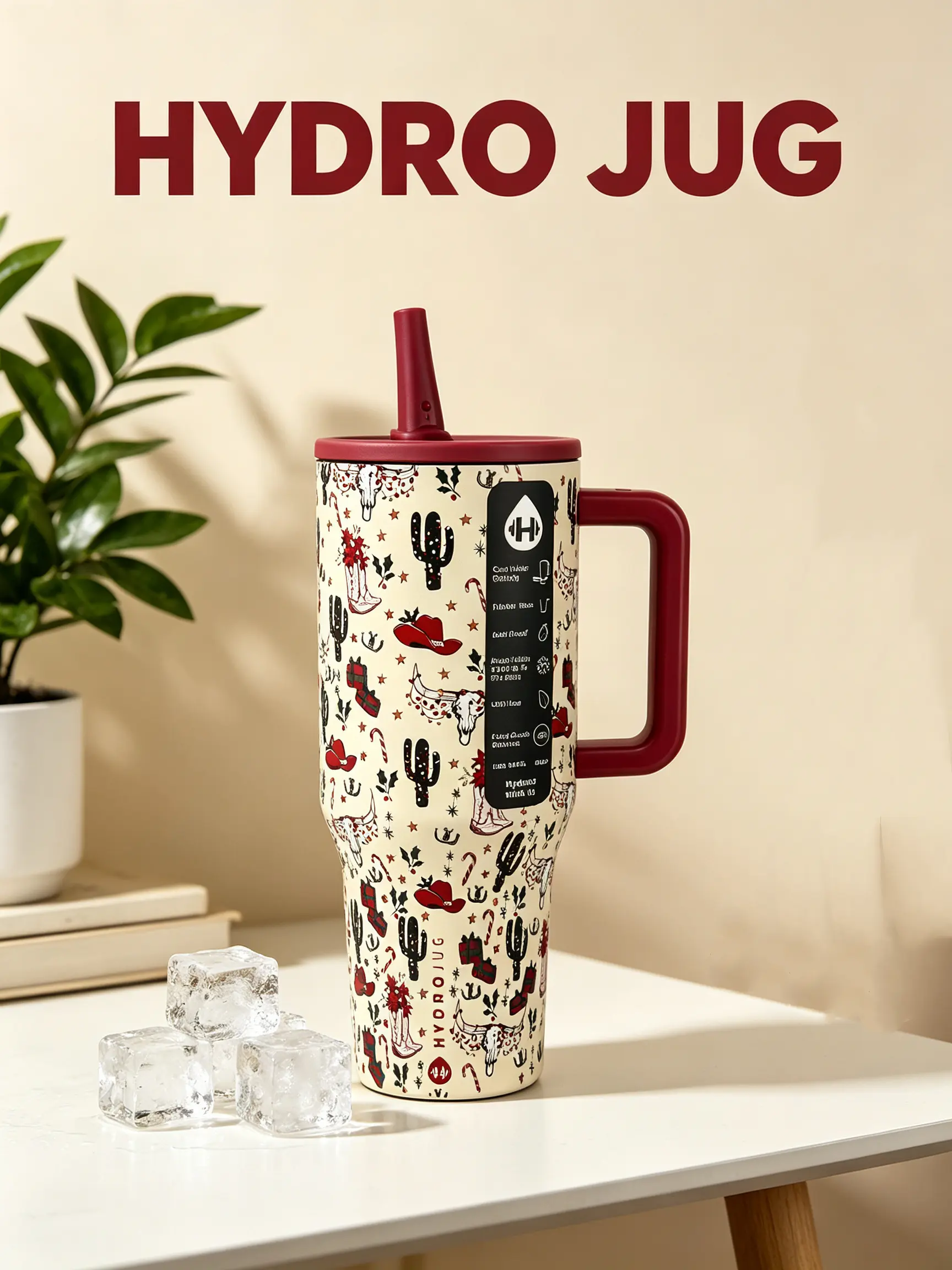 HydroJug 40oz Western Element Red Cactus Pattern Insulated Stainless Steel Water Bottle With Straw, BPA-Free Sports Water Bottle, 24-Hour Cold Retention, Ideal For Sports, Travel And School