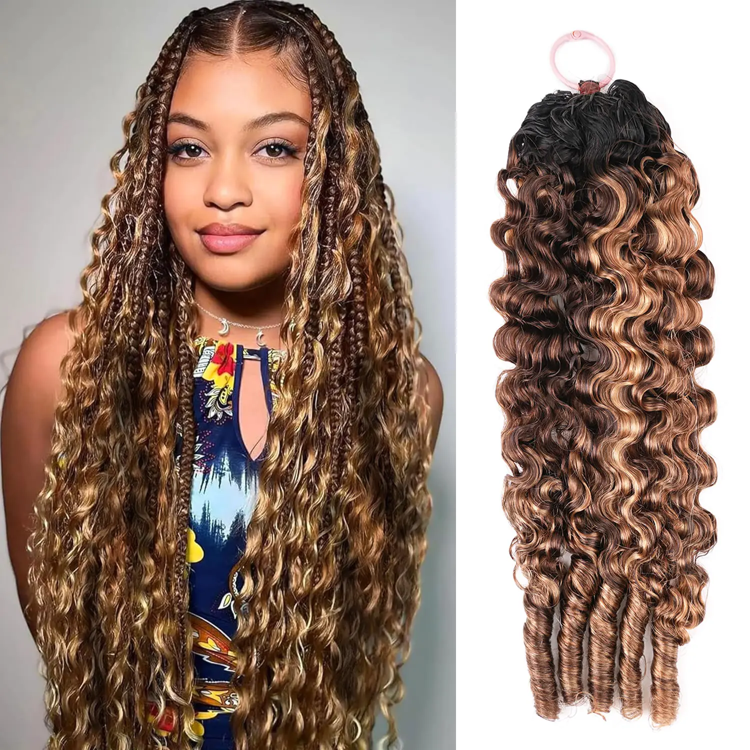 1B4/27/30 Miracle Knots Human Crochet Hair for Women 14‑20 Inch Pre‑Separated Burmese Curly Bundles Human Hair With Spiral Curl 1B/4/27/30 Highlighted Invisible Feather Crochet Hair 50g Burmese Curly Crochet Hair