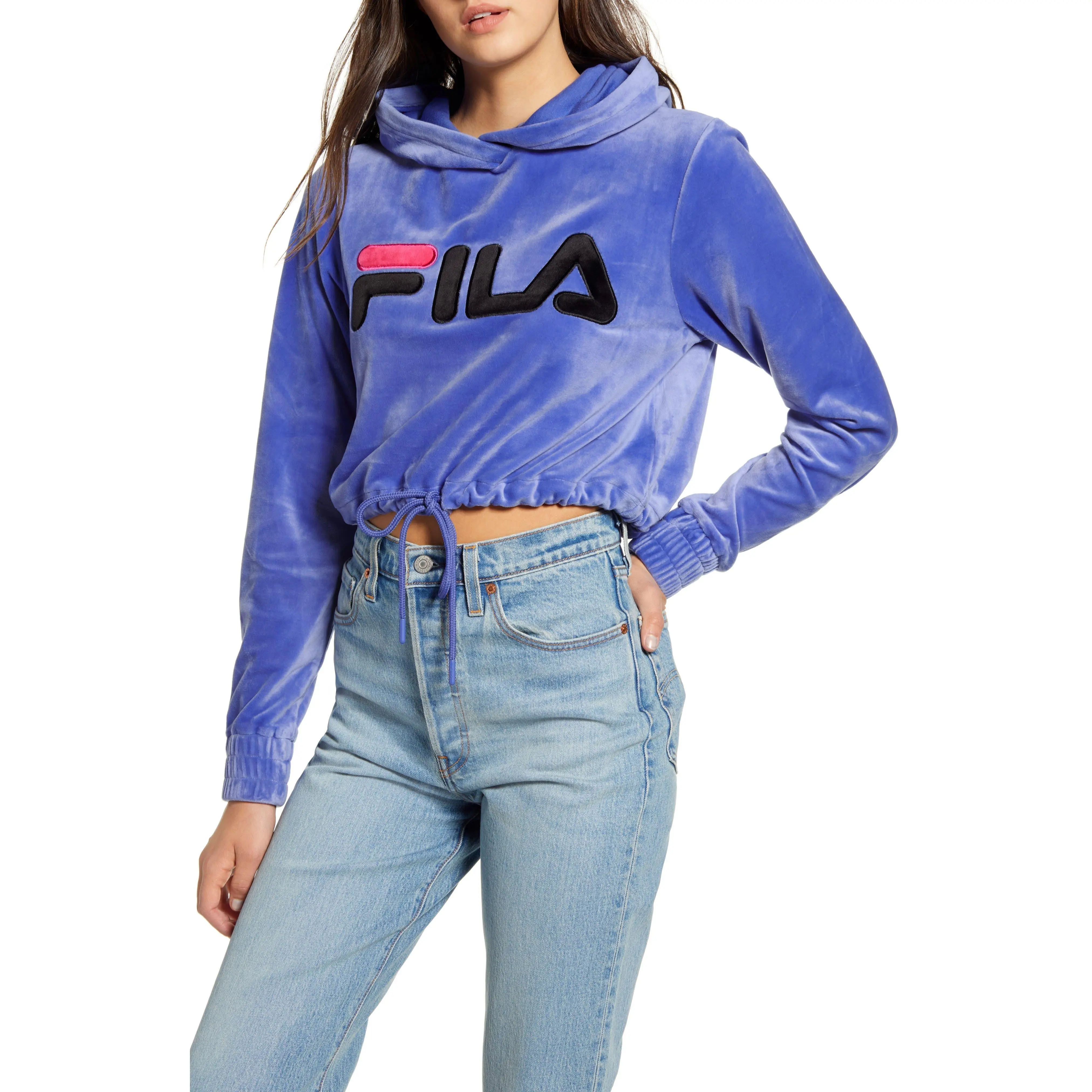 FILA Aitana Women's Velour Crop Cut Hooded Sweatshirt, Fitted Long Sleeve Pullover Top for Active Wear, Sweatshirts, Lady, Tops, Hooded Neck, Sporty Chic, Pullover Hoodie