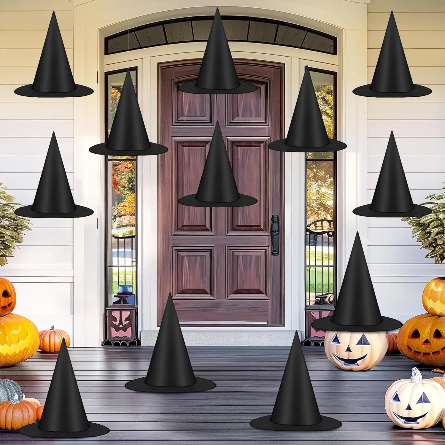 12 PCS Halloween Witch Hats, Black Hanging Witch Hats Porch Yard Decor | Witch Costume Accessories Witches Hat with 328 FT Nylon Cord Wizard Hats Indoor Outdoor Halloween Decorations