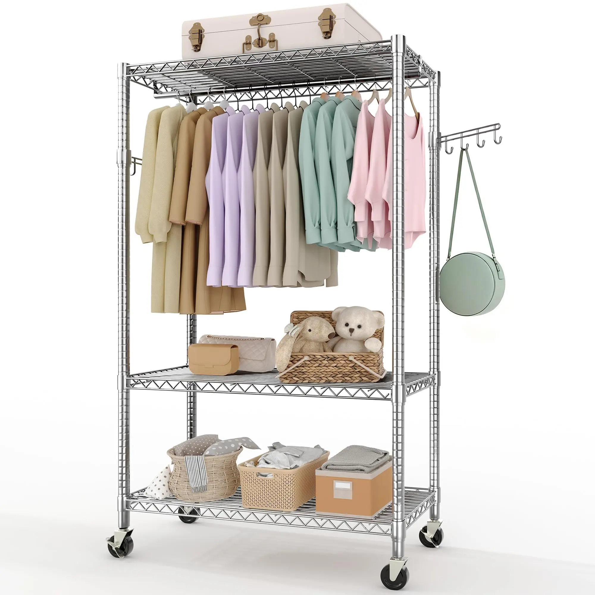 Garvee Heavy Duty 3-Tier Chrome Rolling Garment Rack with Adjustable Shelves, Dual Hanging Rods, Wheels, and Side Hooks - Portable Closet Organizer for Bedroom, Dorm, Laundry, and Clothing Storage