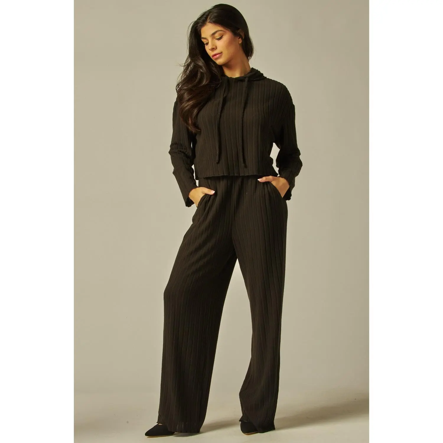 Ribbed Knit Sweater Hoodie Loungewear 2 Piece Set