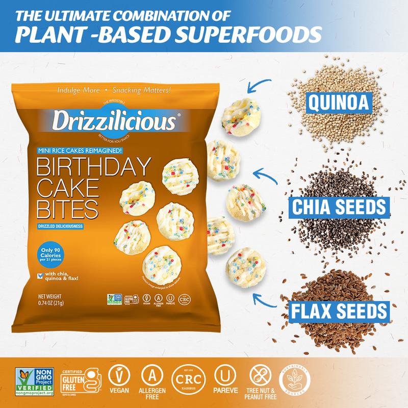 Drizzilicious Birthday Cake Mini Rice Cakes - Gluten-Free, Vegan, Crunchy & Healthy Snack, 90 Calories per Bag, 0.74 oz (Pack of 10)