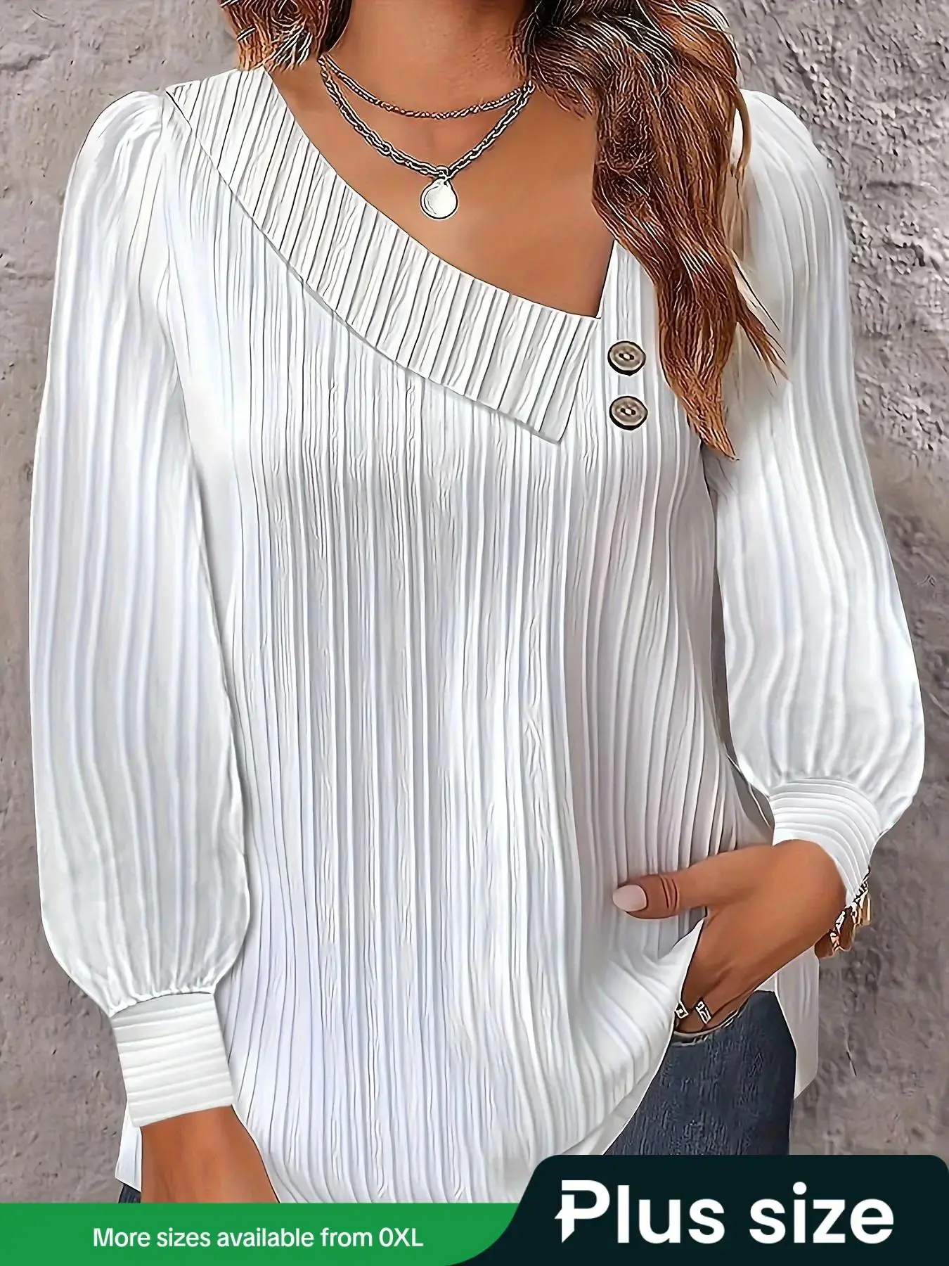 [Plus Size] Plain Basic Fake Buttons Asymmetrical Neck Blouse Shirts, Casual Elegant Fitted Bishop Long Sleeve Top for Summer, Womenswear, Lady, Women's Plus Clothing for Daily Everyday Wear