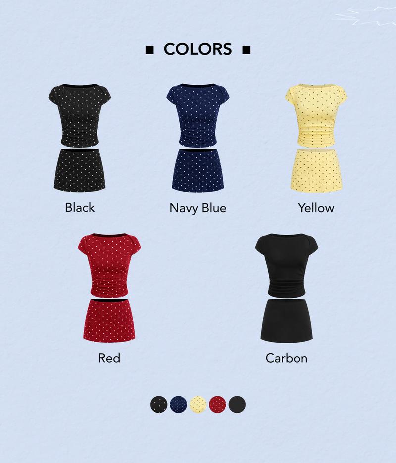 Cider Cotton-Blend Polka Dot Boat Neck Tee & Mini Skort Set, Stretchy Cotton Blend, Ruching Detail, Summer Casual Outfit for Beach & Street Style #FallFreshness