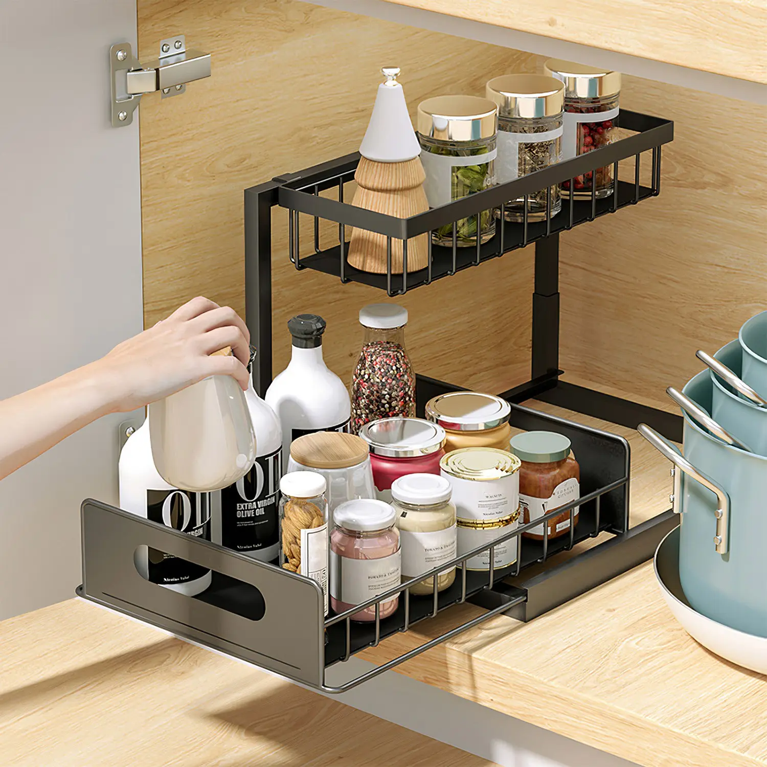 2-Tier Carbon Steel Pull-Out Under Sink Organizer, Minimalist Decluttering Sliding Drawer Storage Shelf for Kitchen, Bathroom, Office, 13.97x10.43x11.02in Contemporary Under Cabinet Basket
