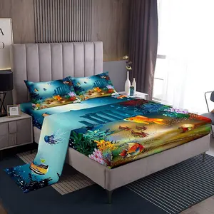 Feelyou Microfiber Ocean Bedding Set - Tropical Fish Coral, Star Pattern Sea Animal Design with Deep-Pocket Fitted Sheet for Kids Teens, Microfiber Bed Sheets