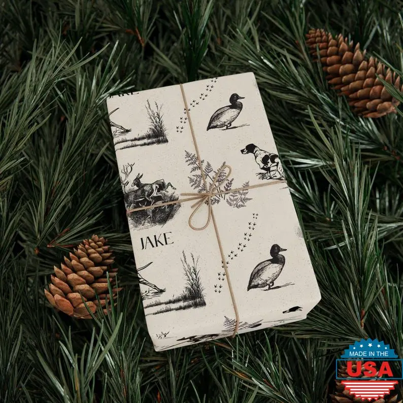 Personalized Christmas Hunting Gift Wrap Custom Name Heritage Wrapping Paper with Deer Ducks and Hunting Dog Holiday Gift Wrap for Hunter