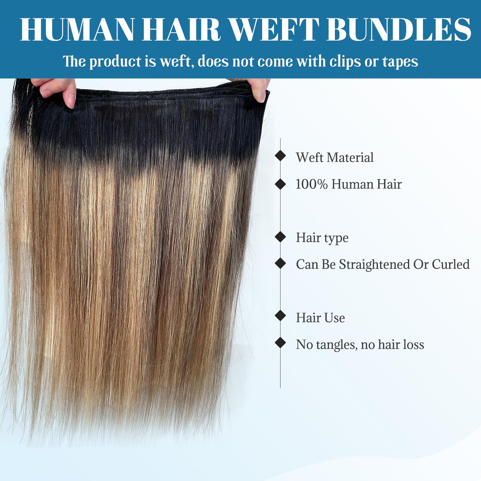 Black to Ash Blonde Balayage Highlight Sew In Extensions 24 Inch Real Human Hair Weft Extensions 120G Double Weft Remy Human Hair Bundles For Women Hand Tied Full Head Straight Hair Weaves