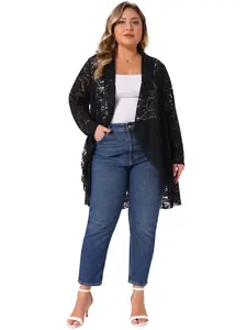 Agnes Orinda Women's Plus Size Lace Cardigan Ruffle Cardigans Open Front Long Sleeve Sheer Lace Crochet Cover Up