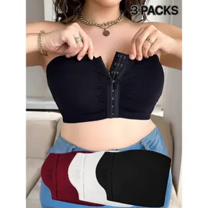 [Plus Size Strapless Bandeau Bra] 3pcs Plus Size High-Elasticity Strapless Bandeau Bras - Soft, Comfortable, Full Coverage - Front Closure, No Underwire, Seamless Design in Black, Beige, and White