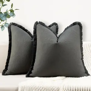 Pillow Covers 20x20 Set of 2 Dark Gray Throw Pillow Covers with Fringe Chic Cotton Decorative Pillows Square Cushion Covers for Sofa Couch Bed Living Room Farmhouse Boho Decor