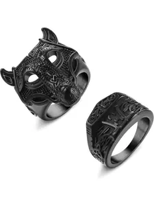 2Pcs Stainless Steel Nordic Rings for Men Viking Vegvisir Pirate Compass Ring Odin's Wolf Head Rune Vantage Ring Vikings Thor's Hammer Ring Valknut Warrior's Gothic Jewelry Size 7-13