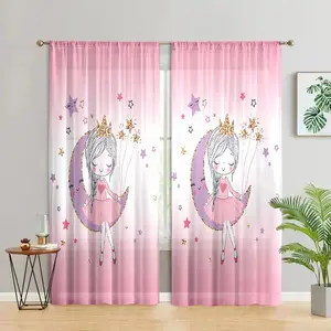 Cartoon Girl Pattern Curtain, 2 Counts/set Cute Curtain, Easy To Install Pole Pockets Curtains  for Bedroom, Living Room, Kitchen, Home, Home Decoration Curtain