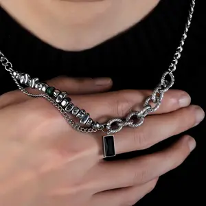 Dark Y2K Chunky Layered Chain Necklace with Black Pendant – Streetwear Punk Jewelry