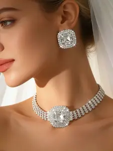 Stunning square cut imitation crystal jewelry set, silver rhinestone necklace earring set, perfect for formal occasions (1 necklace+2 earrings)