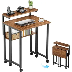Folding Desk with Adjustable  Stand and Storage Shelf, 24.8in Small Desk with Wheels, Mobile Rolling Table for Small Spaces,  Office, Walnut