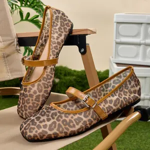Women Chunky Sole Leopard Print Ballet Flats Mesh Mary Jane Shoes Fashion Square Toe Casual Flats