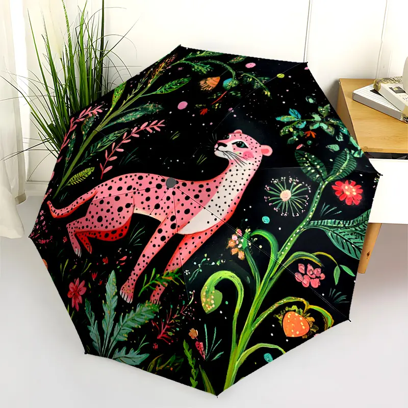 1 PC Automatic Folding Umbrella - Pink Cheetah in the Jungle Pattern, Portable & Foldable Design with 8 Ribs, Merry Christmas Pattern,Casual Outdoor Accessory Halloween and Christmas Birthday Gifts. A0065