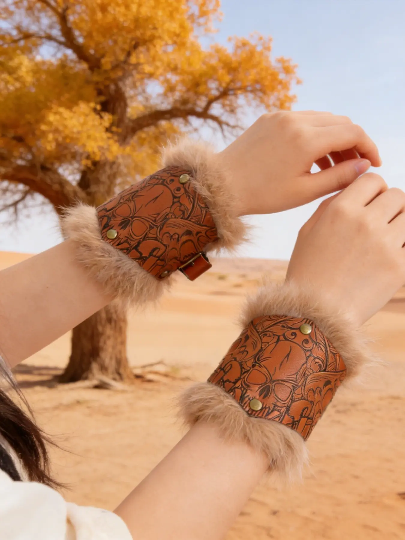Medieval Viking Aesthetics PU Leather Faux Fur Wristband, Renaissance Knight Bracelet, Unisex Halloween Costume Accessory, Role Play Set, Two-Piece, Renaissance Influence, Viking Warrior Spirit
