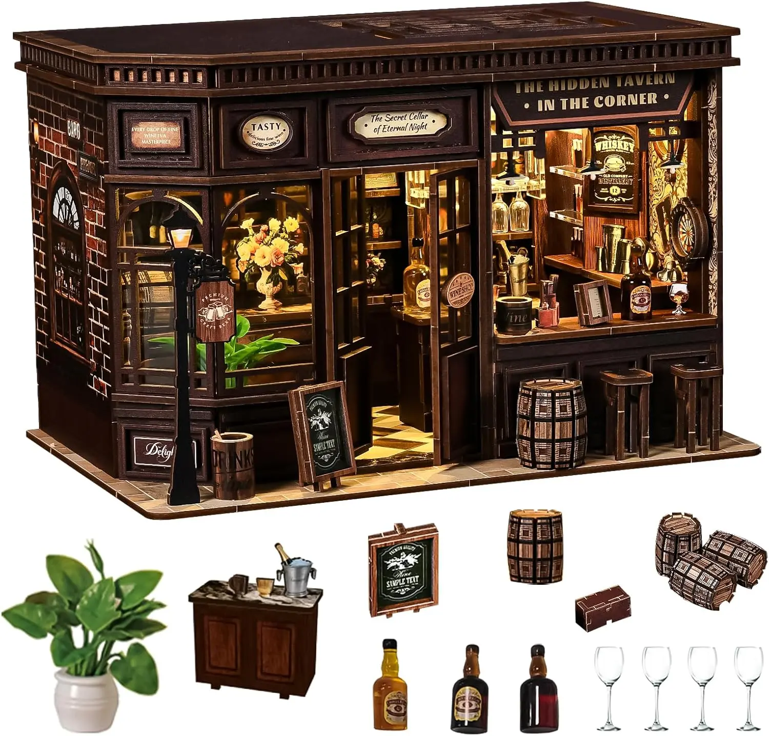 Spilay Vintage Retro DIY Wooden Craft Miniature Dollhouse Kit - Corner Tavern with LED Light, 3D Book Nook, Creative Gift for Women, Adult Unisex, Bookshelf Decoration (Requires AAA Batteries), Valentine's Day
