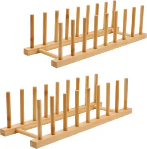 2PC Bamboo Wooden Dish Drying Rack, 8-Slot Plate Rack Cabinet Dish Stand Organizer for Kitchen Counter, Drainer Storage Holder for Bowl/Cup/Lid/Cutting Board/Book, Space-Saving Design MOAMUN